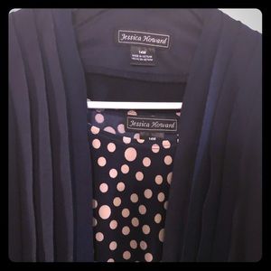 Jessica Howard navy dress with gold polka dots.